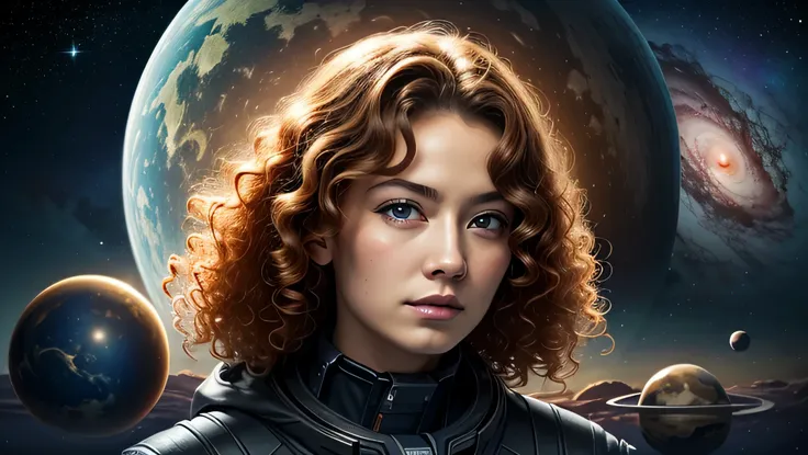 front view, nijistyle, rfktr_technotrex, woman (ginger curly hair), exploring planets, alien worlds, exotic locations, deep spac...