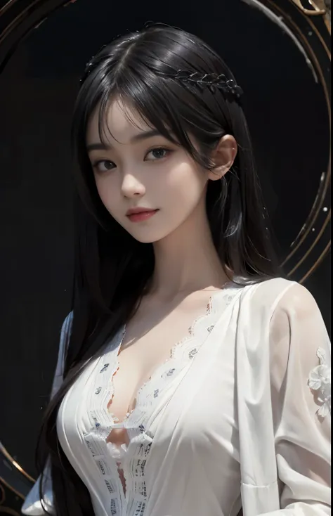 (surreal), (shape), (Improved resolution), (8k), (very detailed), (Best shape), (beautiful and detailed eyes), (highest quality), (Super detailed), (masterpiece ), ( wallpaper), (detailed face), 1 girl, 17 years old, white shawl,  lace chest,  big breasts,...