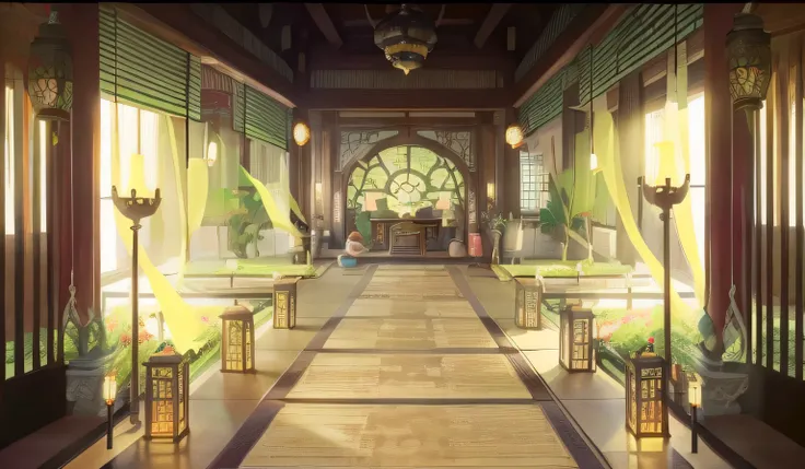 Chinese fairy tale scene,Chinese ancient building lobby,There is a long corridor,have many windows,There is a statue in the middle, There is a meditation statue in the center of the lobby,《The Legend of Korra》setting, anime scenery concept art, library of ...