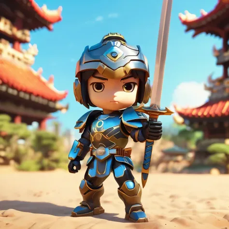 一个帅气的中国元素Mecha战士,chibi,man,steady,wearing a helmet,Light black eyes,( Obre:1 3) long hair,Outdoor activities,natural lighting,film grain,warrior寺,light, warrior, (universe),(holding sword:1.3), (Fight with other characters:1.2), luminescent, armor, lumines...