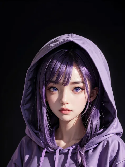 beautiful eyes, purple hair, wearing hoodie, black background 