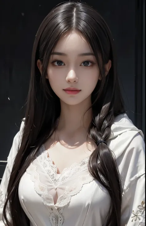 (surreal), (shape), (Improved resolution), (8k), (very detailed), (Best shape), (beautiful and detailed eyes), (highest quality), (Super detailed), (masterpiece ), ( wallpaper), (detailed face), 1 girl, 17 years old, white shawl,  lace chest,  big breasts,...