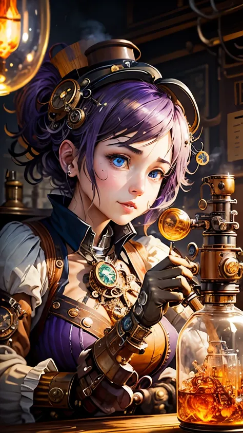 steampunkai。highest quality。masterpiece。detailed details。one woman。Chemist in steampunk style。Experimenting on a messy desk。expression of joy。An experimental device that combines a flask, an alcohol lamp, and a mysterious glass device.。Purple steam is blow...