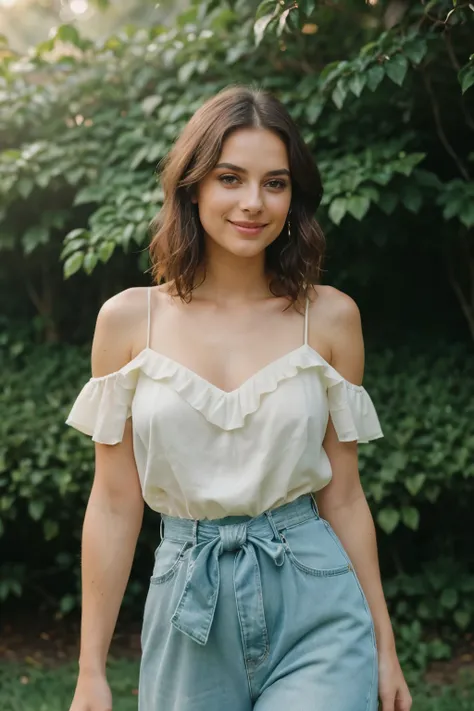 (Beautiful girl, age 25, standing gracefully in a verdant valley, surrounded by the breathtaking splendor of nature, black short hair cascading in soft waves, waist shot showcasing her slender figure, stylish pose adding an allure of elegance, smiling radi...