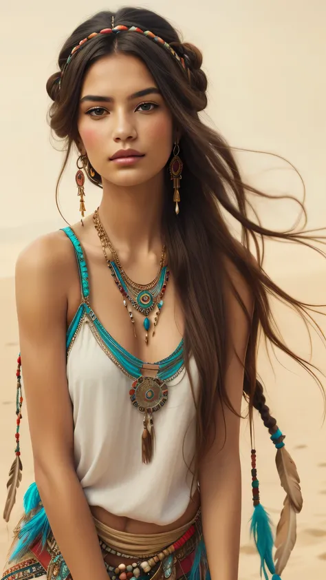 a woman with long hair and a multiple hippi necklace, beautiful bohemian princess, native american shamen fantasy, 