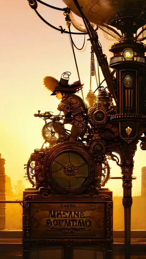 steampunkai。highest quality。masterpiece。detailed details。two people。one boy。one girl。Crossing the steampunk world、comical adventure。