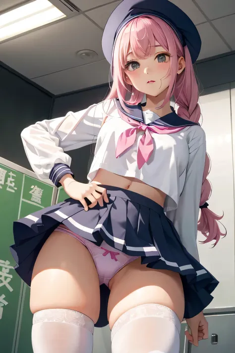 highest quality、High resolution、detailed background、beautiful and detailed face、cute teen girl、(huge breasts:1.1)、
In the school toilet、((パンティーを真from belowのアングルの超アップ:1.5))、
skimpy sailor suit、white sailor collar、plaid pleated mini skirt、braided ponytail、Cu...