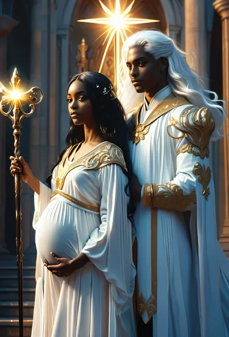 Novel in celestial landscape, a beautiful young darkskin couple avec (((une juge enceinte aux longs cheveux noirs))) avec (((a male judge avec white hair))), ils tiennent un sceptre, beautiful visage, (((beautiful))), visages parfaits, tout le corps, Roman...