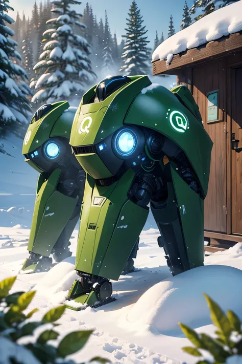 a bunch of Green robots, (Q logo on armor), standing in front of a snowy green hut, green needle-trees in the back, snowflakes fly into the camera, sunlight shining, friendly lighting and exciting atmosphere