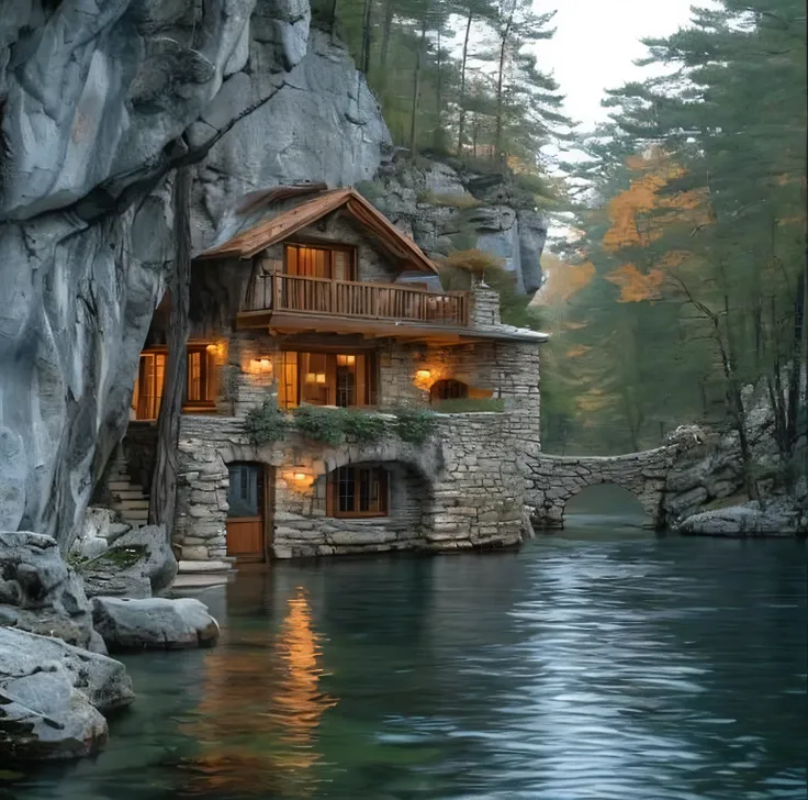 arafed house on a cliff overlooking a river with a waterfall, lake house, beatiful house, fantasy setting, beautiful place, buil...