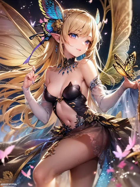 ((highest quality)),(ultra high resolution),(Super detailed),(detailed description),((best CG)),(best work of art),super precision art,amazing drawing art,(Fantasy art with precise details:1.5), (Female Fairy:1.6),(bright butterfly wings:1.6),(Beautiful an...