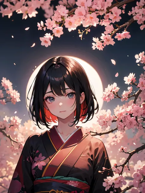 beautiful japanese supermodel woman, hair with slight highlights, black eye, mixed media, sexy，cherry blossom background，gorgeous kimono , liquid color spreads across her face, Backlight