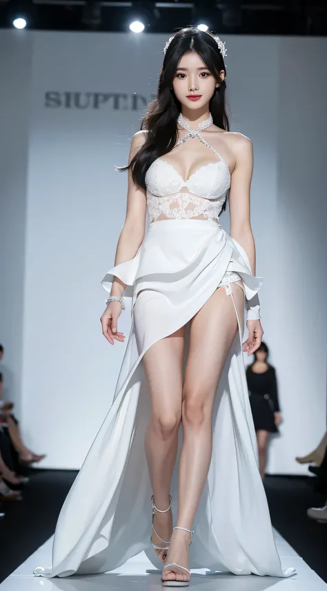 A woman in a white miniskirt walks on the runway, fashion runway, Colorful fashion, crazy fashion show, simple fashion dress, catwalk photos, Creativity in fashion design, decorate, Colorful、Fantastic costumes, fashion model, high fashion design, runway ph...