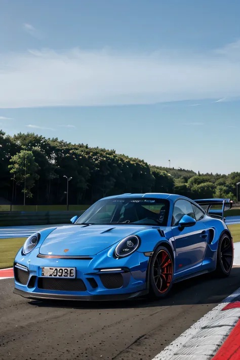 Blue porsche gt3 rs driving on the highway