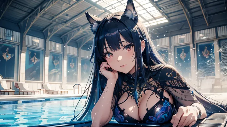 Realistic kawaii anime style, colorful glamourous hyperdetailed indoor pool background,intricate hyperdetailed breathtaking glamorous moe anime woman, adult woman wearing a swimwear, hyperdetailed intricate wet glossy hair, hyperdetailed complex,hyperdetai...