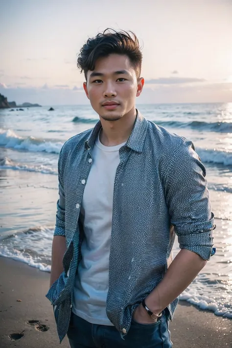 realistic photography, 8k , handsome chinese guy , beach