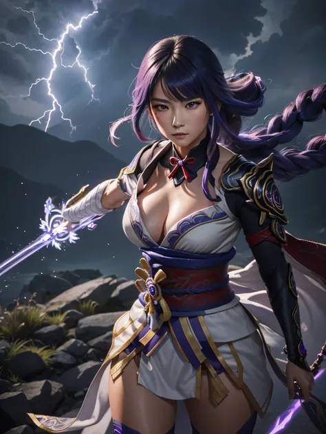 best quality,ultra-detailed,realistic,raiden shogun form genshin impact,hair flowing in the wind,sparkling lightning effects,ornate golden armor,crackling energy surrounding her,body glowing with electric power,stormy background,regal and powerful stance,v...