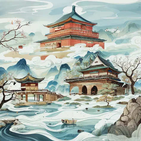 Jiangnan water town，Chinese Hui-style architecture，Wu Guanzhong