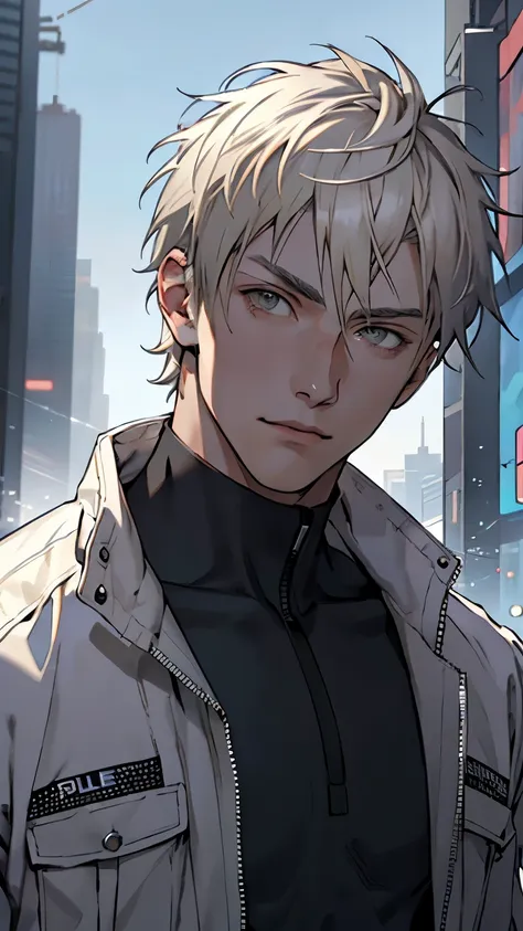 (masterpiece), best quality, high quality, 1boy, beautiful face, handsome, platinum blonde hair, short hair, straight hair, gray eyes, upper body, looking straight, 18 years old boy, cyberpunk, police clothes, sunlight, portrait,