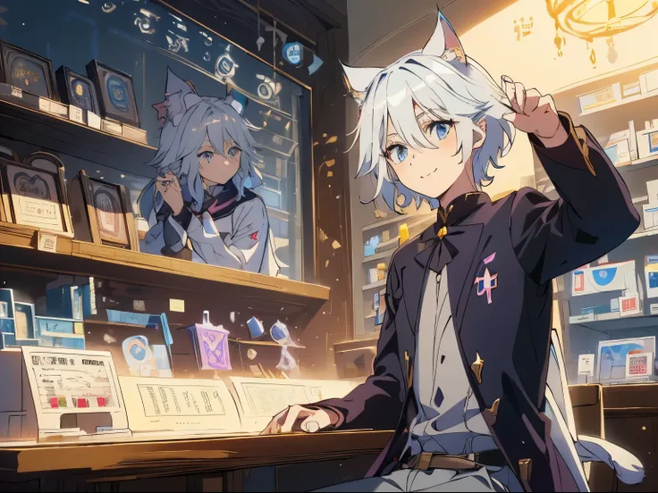 masterpiece, A world where magic and technology coexist, fantasy，wonderland，(Cat eared boy:1.5)，(gray hair, short hair) ，	1 personの男の子 ，alone，1 person，beautiful eyes、depicted in detail， Upper body illustration,smile，(pharmacy:1.5)，Inside the store，sit on a...