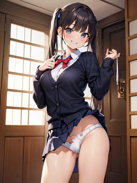 (masterpiece、highest quality、High resolution、realistic pictures、real looking skin:1.1)、1 Japanese girl、alone、Full body Esbian、beautiful eyes、shining eyes、brown hair、high twin tail、Entrance to the house、(Long collar shirt、Navy pleated mini skirt、cardigan、bl...