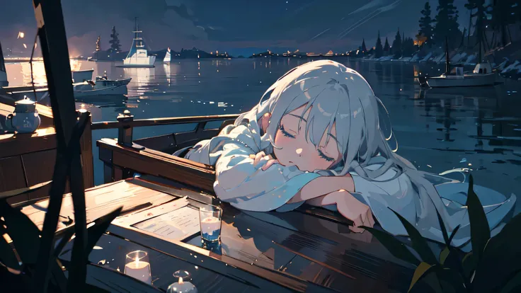 (table top), (highest quality), very detailed, 1 girl, sleeping on the boat,concentrated, perfect face, anime beautiful girl, very detailed顔，long gray hair，light blue eyes，night,sleeping on the boat,noon,forest,landscape