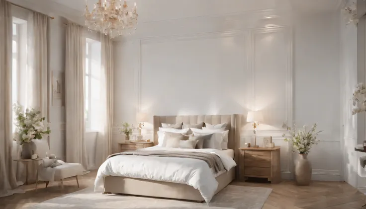 (Highly detailed CG Unity 8k wallpaper、masterpiece、highest quality、Super detailed)、(best lighting、best shadow、very delicate and beautiful)、highest quality、8k、Detailed facial depiction、masterpiece、highest quality、clear image quality、
A view of a bedroom wit...