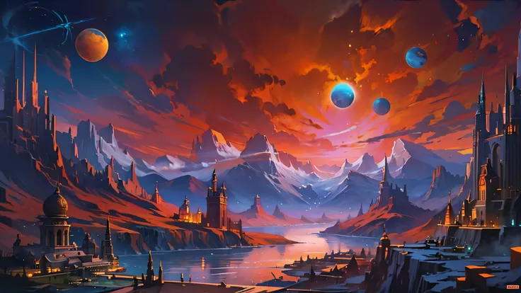 ((highest quality)),(ultra high resolution),(Super detailed),(detailed description),((best CG)),(best work of art),super precision art,amazing drawing art,(Fantasy art with precise details:1.5), Twin red and blue moons on the horizon