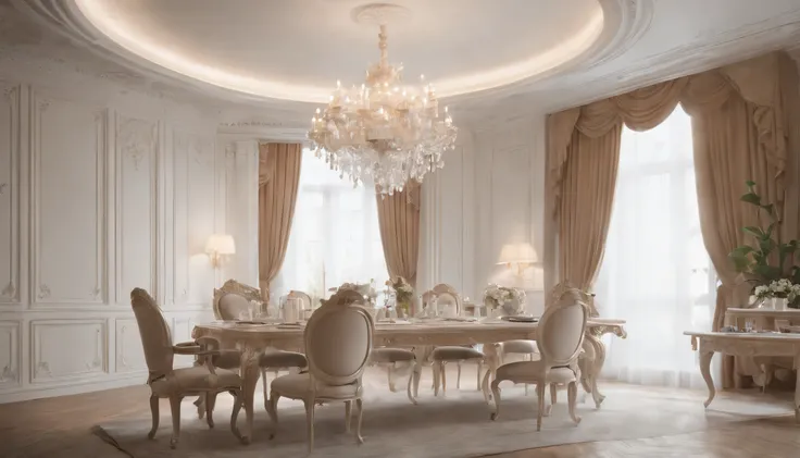 (Highly detailed CG Unity 8k wallpaper、masterpiece、highest quality、Super detailed)、(best lighting、best shadow、very delicate and beautiful)、highest quality、8k、Detailed facial depiction、masterpiece、highest quality、clear image quality、
View of the dining room...