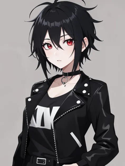 1girl, solo, mature female, (pale skin:0.9), red eyes, black hair, (wavy hair:0.1), messy hair, short hair, hair between eyes, mullet, wolfcut, pixie cut, goth, emo, punk, gothic, breasts, black biker jacket, black shirts, black pants, choker, simple backg...