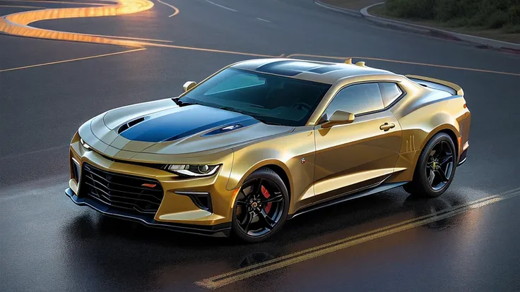 view from 45deg--Fusion of a GOLD and BLUE THIN strips 2022 Chevrolet Camaro car with the time machine from the film Back to the Future, street at noon sun beam appear from the clouds, NEW asphalt, puddles of water reflecting on the asphalt, cinematic ligh...