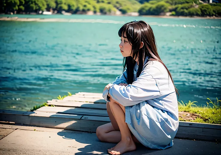 La photo représente une fille triste assise et regardant au loin, en attendant le retour de son mari