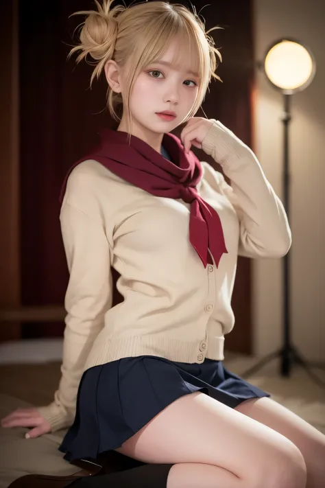 （blonde、himiko toga、white uniform shirt、navy blue uniform skirt、cardigan、red scarf、dark eyeshadow、Patsun、twin tails、Bun head、thin eyebrows、black socks、black loafers））、NSFW、masterpiece、最high quality、high quality、grow、beautiful feces、High resolution、very hig...