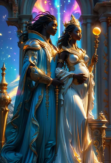 Novel in celestial landscape, a beautiful young darkskin couple with a pregnant young judge with a young male judge, they have long hair, they holding scepter, very fine face, (((very beautiful))), perfect faces, whole body, romantic scene, romantic Way, s...