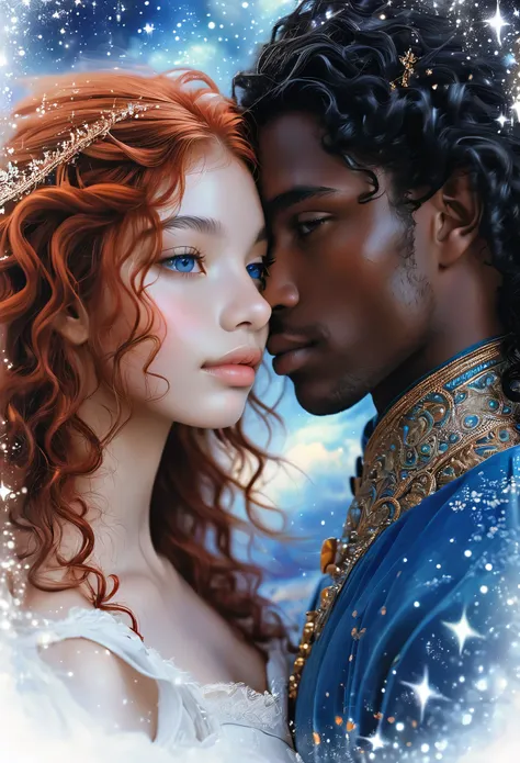 Novel in a celestial landscape, le titre est Soulmate, jeune couple amoureux de 25 ans, dans un sanctuaire, she is a black skin celestial nymph with long straight red hair, he is a young imperial prince with dark skin and curly hair, il a les yeux bleu, el...