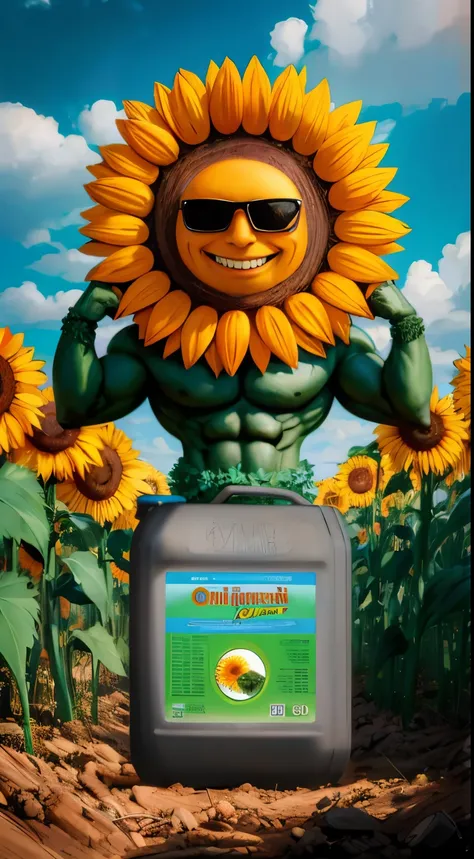 there is a cartoon image of a man with sunflowers on his head, Optimus, sun orientation, Oilpunk, fantastic oil, selk ´ nam Sun God, vegetable oil, by Nikola Avramov, oil on canvas, by Simon Ushakov, Giant sunflower as a face, official product photo, inspi...