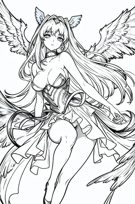 Angel with beautiful wings in an anime art style.. Las alas deben ser muy detalladas y fascinantes., Parecido a una obra de arte. This sexy angel with a touch of NSFW elements. Posando sobre un fondo blanco limpio. La obra de arte lineal.. The lines of the...