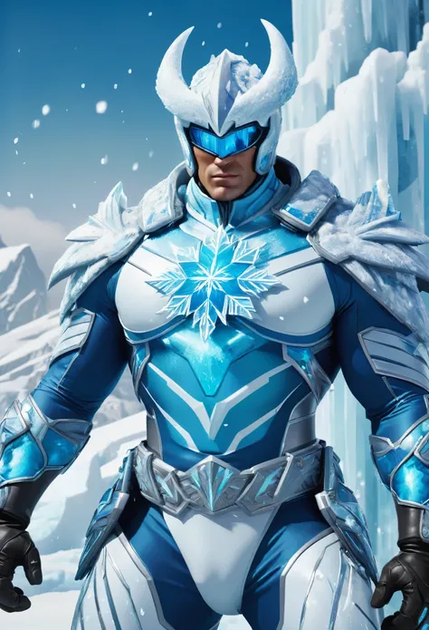 “A muscular man, shirtless, in a Kirbywood style, with vintage color comics, showcasing sharp focus, hi-res details, and intricate features, creating a masterpiece at 8k quality.” Arctic Frost Ranger: A suit featuring icy blue and frosty white hues, accent...