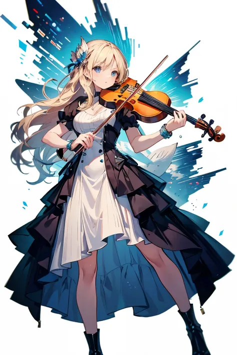 there is an animated image of a young lady playing violin in clothes, 1girl, dress, instrument, blonde hair, violin, playing ins...