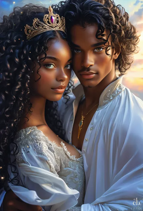 Novel in a celestial landscape, le titre est One night with you, jeune couple (((darkskinned))) amoureux de 25 ans qui se fait un calin, dans un bureau, elle est une nymphe céleste noire de peau avec des cheveux noirs courts, he is a young crowned imperial...