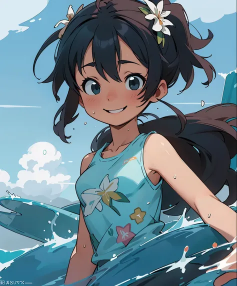 (masterpiece、highest quality、highest quality、official art、beautiful beautiful:1.2)、(1 girl:1.3)Hatsune Miku、twin tails,big breasts,masterpiece、look up from below、surfing、Let&#39;s ride the waves on a surfboard、nice balance、boyish girl、Redhead and wheat-col...