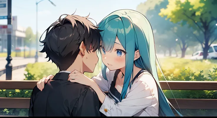 sky blue hair、Anime girl with long hair hugging her boyfriend on a bench, anime moe art style, Gweiz, detailed digital anime art, cute girl anime visual, artwork in the style of Gweiz, Smooth anime CG art, clean detailed anime art, Gweiz and makoto shinkai...