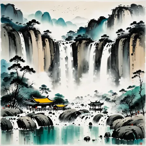 (wu kanzhong&#39;s painting style), a combination of ink painting techniques and western painting concepts, (waterfall)