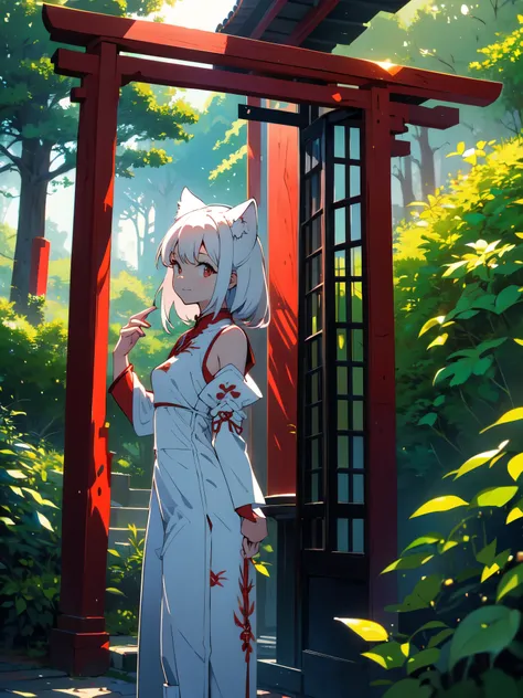 (masterpiece, highest quality,High resolution、detailed beautiful face) ,(Shining eyes、smile),(1 girl、short and 、small shoulder width),(white animal ears on head) ,(long white hair),(trousers style cheongsam、red:1.6).(濃いredの目),(whole body), perfect eyes, pe...