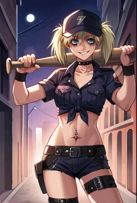 score_9, score_8_up, score_7_up, score_6_up, score_5_up, score_4_up, BREAK source_anime, rating_safe, 1girl, hellsing, seras victoria, two-tone hair, blue eyes, smile, two side up, baseball cap, runny makeup, graphic tee, navel, short shorts, baseball bat,...