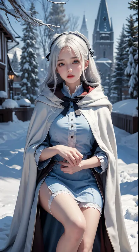 lifelike, high resolution, 1 female, alone, (lolita costume)，Gorgeous costumes，facing the audience，upper part of body，thigh， beautiful eyes, white hair, eye socket, (external，heavy snow，Cloak，covered with snow)，snowfield