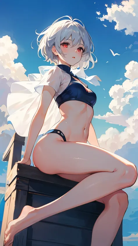 young girl　silver hair　short hair　red eyes　irreverent face　look down　thin body　thin thighs　small breasts　small ass　toned body　See-through　blue sky　cloud　hair blowing in the wind　high quality　High resolution　8K sitting