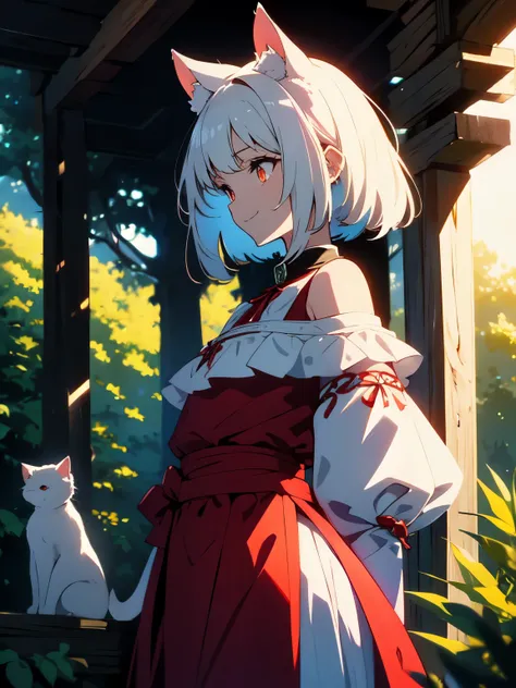 (masterpiece, highest quality,High resolution、detailed beautiful face) ,(Shining eyes、smile),(profile),(1 girl、short and 、small shoulder width),(white cat ears) ,(long white hair),(red cheongsam),(dark red eyes),(whole body), perfect eyes, perfect face,, c...