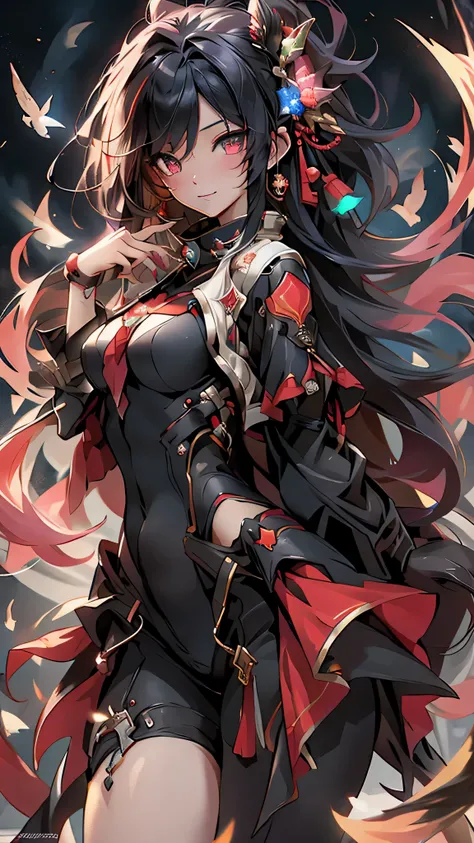 最high quality、best image quality、masterpiece、girl((20-year-old、 By becoming、vest bust、medium bust,wide open breast tea、shining eyes, neon hair、long hair、thin,highest valley、Black Hero Suit、Red Hero Mask、blue cloak、smile、full body tattoo,diamond earrings、Wr...