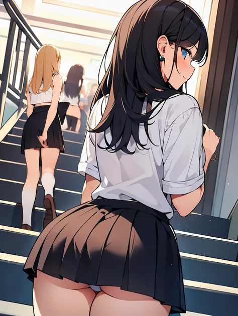 (highest quality, masterpiece:1.2, full color, 2 girls, view from below, from behind, station stairs, school uniforms, Perfect erotic panties, show panties, beautiful thighs, Low - Angle:1.4, multiple girls wearing blazers, 2 pleated skirts, crowded gather...